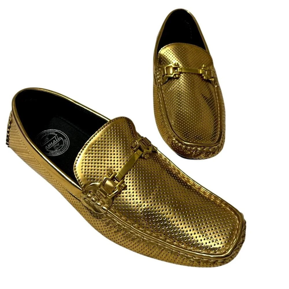 Amali Rila Mens Gold Horsebit Moccasin Loafers Driving Casual Dress Shoes  9.5